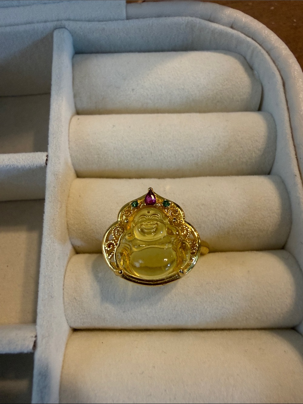 Gold Tone Yellow Buddha Ring with Gem Accents